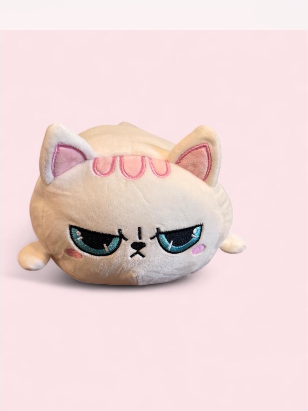 Plush Cream Grumpy Cat Toy with Pink Accents and Teal Eyes